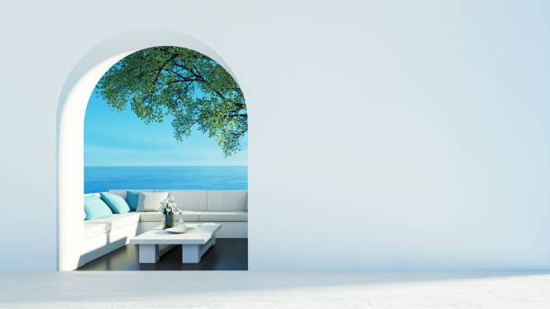 vista al mar vida de lujo en la playa - estilo de la isla de santorini - renderizado 3d - santorini greece villa beach fotografías e imágenes de stock