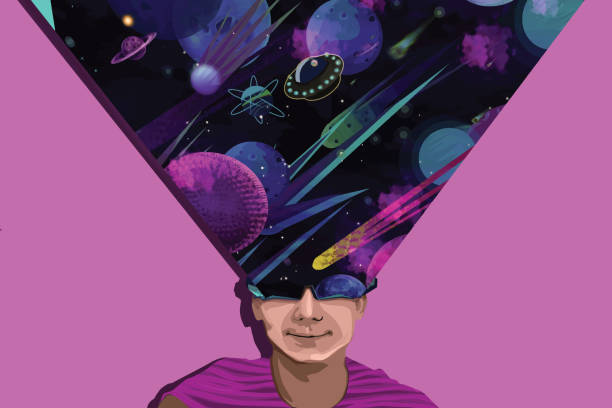 мальчик играет в игры виртуальной реальности в космосе - child art people contemporary stock illustrations