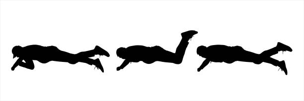 спасатель пытается достать что-то снизу, протягивает руку и старательно отдыхает ногами. парень в спортивном костюме и кроссовках лежит на  - sport exercising silhouette chin ups stock illustrations