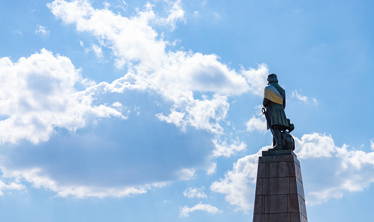 Łódź, Poland - May 1, 2022: A picture of the General Tadeusz Kosciuszko Monument against a cloudy sky.