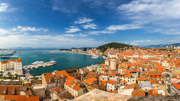 Split waterfront and Marjan hill aerial view, Dalmatia, Croatia. UNESCO World Heritage Site. Split panoramic view of town, Dalmatia, Croatia. Split waterfront and Marjan hill aerial view, Dalmatia, Croatia. UNESCO World Heritage Site. Split panoramic view of town, Dalmatia, Croatia. split croatia stock pictures, royalty-free photos & images