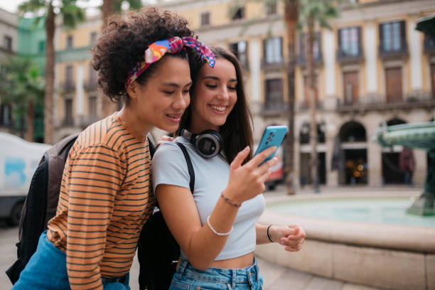istock Happy young diverse lesbian couple on a vacation 1400465660
