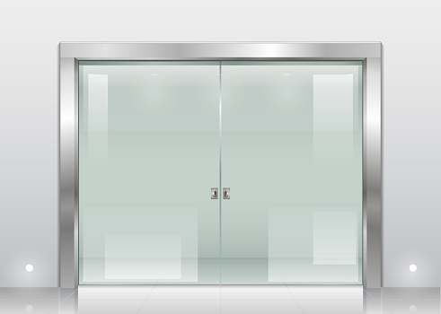 Steel reservation Spend entrance hall scientific laboratory or office, a bank with a sliding glass door of safety glass. Interior space in vector graphics.