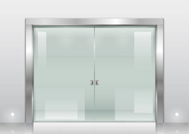 Steel portal and glass sliding wide door Steel reservation Spend entrance hall scientific laboratory or office, a bank with a sliding glass door of safety glass. Interior space in vector graphics. sliding door stock illustrations