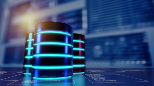 Multiple database is placed on Relational database tables with server room and datacenter background. Concept of database server, SQL, data storage, database diagram design. 3D illustration. se coloca varias bases de datos en tablas de bases de datos relacionales con sala de servidores y fondo de centro de datos. concepto de servidor de base de datos, sql, almacenamiento de datos, diseño de diagramas de base de datos. ilustración 3d.