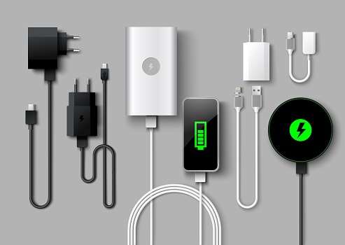 Mobile phone charger vector set. Realistic smartphone power supply. 3D USB cables, cords and electric plugs. Auto adaptors for charging digital devices. Equipment for accumulator refuel