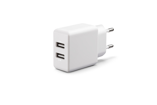 White simple dual USB wall charger, isolated on white background