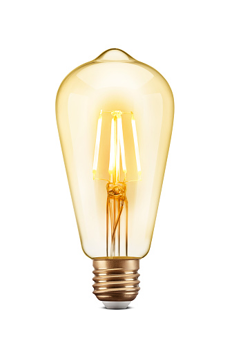 LED filament tungsten Edison vintage light bulb, isolated on white background