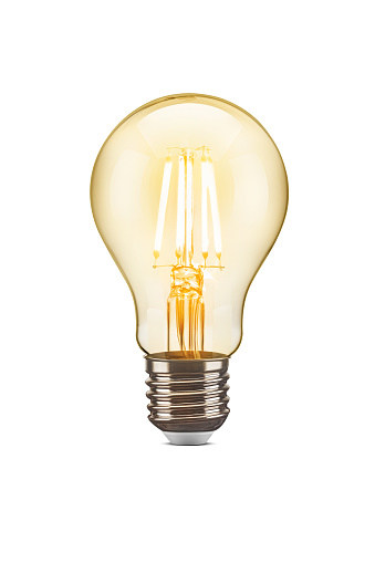 LED filament tungsten vintage light bulb, isolated on white background