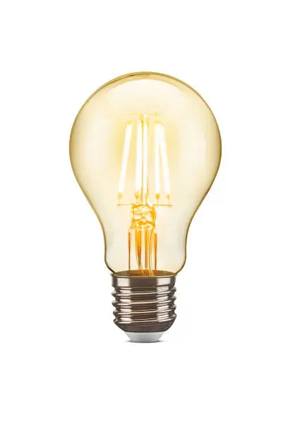 Photo of LED filament tungsten vintage light bulb, isolated on white background
