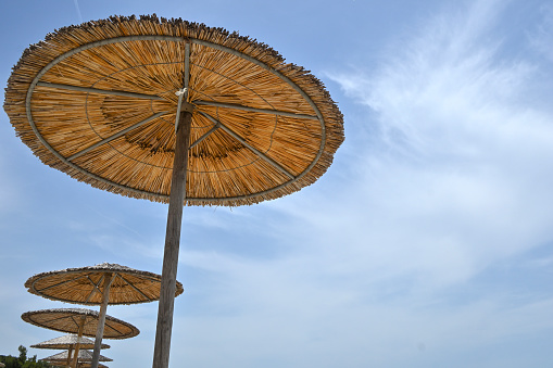under a beach umbrella with blue sky, summer concept