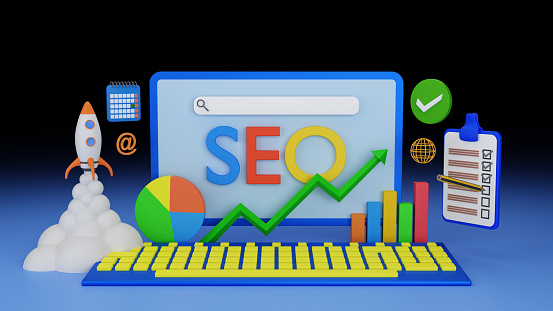 Seo, search engine optimization analysis. Desktop computer with elements related to internet and web positioning analytics. You can also see a calendar, growth charts, a to-do list and a rocket taking off. 3D rendering.