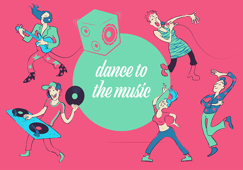 Men, women Teenagers dance to music: sing, play instruments, DJ at turntable. Group of people, different characters, mixed community, vector illustration, various activities