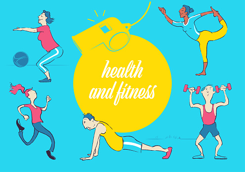 Men and women of different ages in sports, fitness workout: gymnastics, yoga, jogging, strength training. Group of people, different characters, mixed community, vector illustration, various activities