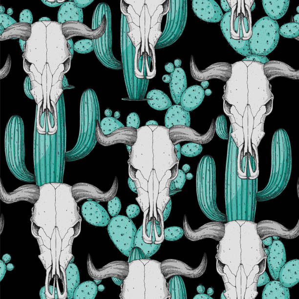 illustrations, cliparts, dessins animés et icônes de illustration dessinée à la main du crâne de buffle et du cactus. motif sans couture. imprimé far west. illustration vectorielle. tatouage imprimé vintage. crâne de buffle et cactus sur fond noir. - animal skull cow animal black background