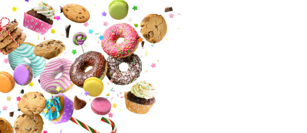 istock Confectionery and sweets levitation collage. Donuts, cupcakes, cookies, macarons flying over white background. 1400472821