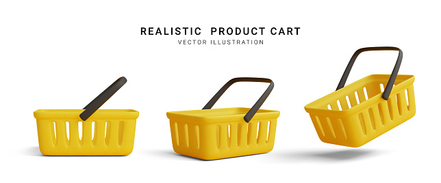Collection of realistic 3d yellow shopping carts isolated on white background. Empty shopping basket. Vector illustration.