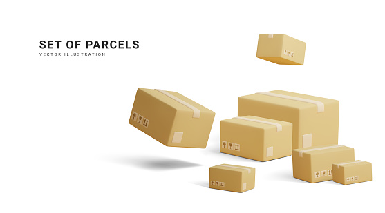Set of parcels. Template of shopping packages. Cardboard boxes for packing and transportation of goods. Vector concept illustration.
