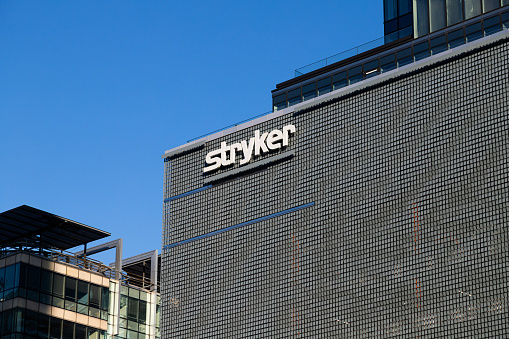 Warsaw, Poland - June 1, 2022: View at Stryker company office and logotype