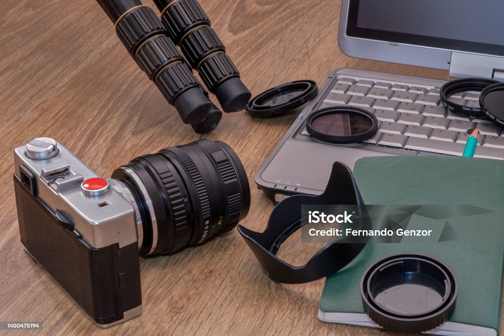 Object De Camera Composition Photo Camera With Various Photographic Objects Stock Photo ...
