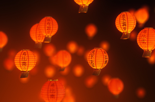 Large group of floating red lanterns on Chinese New Year, covered with well wishes and good fortunes.