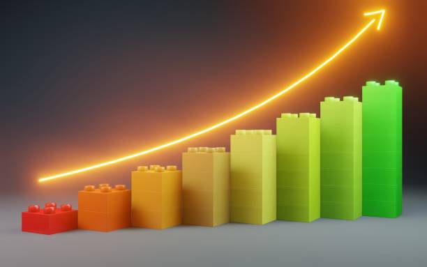 istock Growing bar chart from color toy blocks on blue background. 3D ilustration. Growing graph from building blocks. 3D Ilustartion. 1400477000