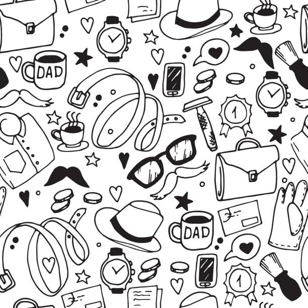 vector seamless pattern in doodle style. holiday father's day. black and white elements, antistress coloring book. elements of men's things vector seamless pattern in doodle style. holiday father's day. black and white elements, antistress coloring book. elements of men's things funny fathers day stock illustrations