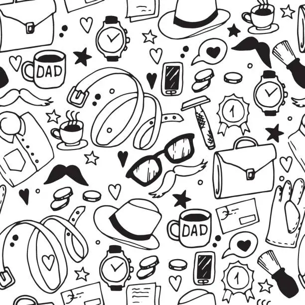 Vector illustration of vector seamless pattern in doodle style. holiday father's day. black and white elements, antistress coloring book. elements of men's things