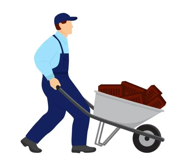 Vector illustration of A uniformed worker carries bricks in a construction wheelbarrow.