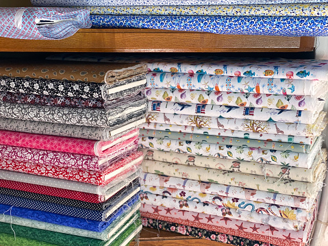 Showcase of printed, plain and multicolored fabrics and textiles