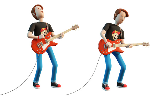 3d guitar player. Cartoon rock musician with electric guitar. 3d illustration. 3d render.