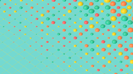 Abstract colorful spheres background grid pattern, 3d render