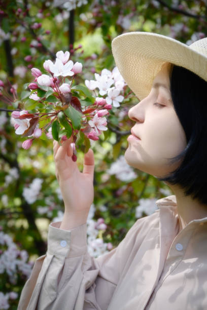 beautiful young woman in sunhat near cherry blossoms close up portrait