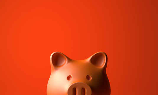 Close up portrait of piggybank looking at camera over red background