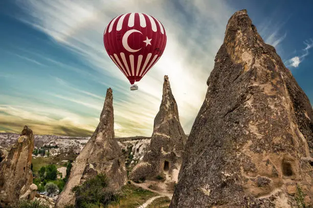 Photo of Cappadocia, Turkey. Goreme national park. Rock landscape. Hot air balloon