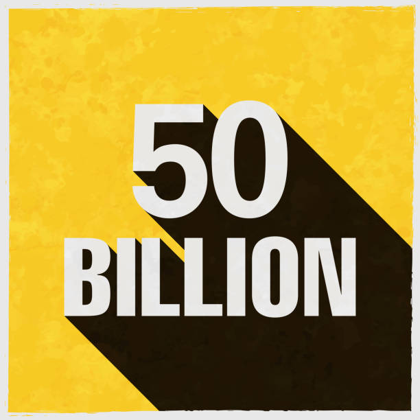50 Billion. Icon with long shadow on textured yellow background Icon of "50 Billion" in a trendy vintage style. Beautiful retro illustration with old textured yellow paper and a black long shadow (colors used: yellow, white and black). Vector Illustration (EPS10, well layered and grouped). Easy to edit, manipulate, resize or colorize. Vector and Jpeg file of different sizes. billions quantity stock illustrations