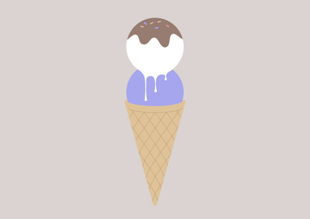 тающее мороженое в вафельном рожке, десерт джелато - melting ice cream cone chocolate frozen stock illustrations