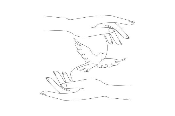 One continuous drawing of flying white dove in caring hands. Bird symbol of peace and freedom concept in simple linear style. Editable stroke. Doodle vector illustration One continuous drawing of flying white dove in caring hands. Bird symbol of peace and freedom concept in simple linear style. Editable stroke. Doodle vector illustration. continuous line drawing bird stock illustrations