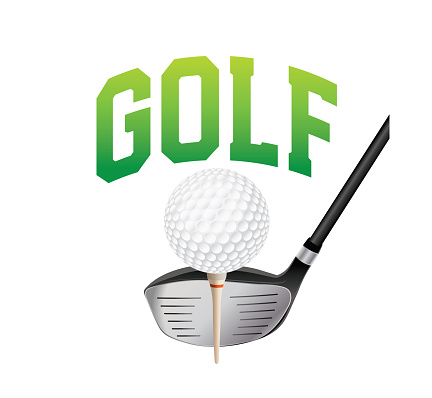 The word GOLF with a ball on a tee and a driver on a white background illustration. Vector EPS 10 available.