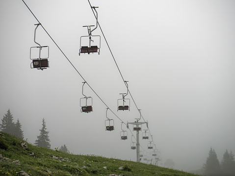 Alpine cableway on a foggy day, Velika Planina, Slovenia