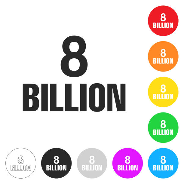8 Billion. Icon on colorful buttons Icon of "8 Billion" isolated on white background. Includes 9 colorful buttons with a flat design style for your design (colors used: red, orange, yellow, green, blue, purple, gray, black, white, line art). Each icon is separated on its own layer. Vector Illustration with editable strokes or outlines (EPS file, well layered and grouped). Easy to edit, manipulate, resize or colorize. Vector and Jpeg file of different sizes. billion stock illustrations