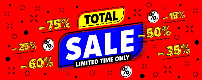 Total sale with different percent discount limited in time. Save more money during promotion marketing campaign for cheap online shopping vector illustration