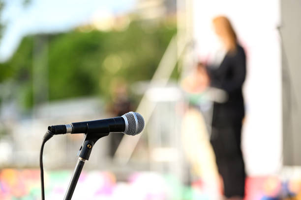 microphone stand at the opening of the festival - press conference public speaker politician speech imagens e fotografias de stock