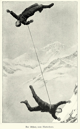 Vintage illustration, mountaineers tied together, falling from the Matterhorn, mountaineering accidents, Victorian German 19th Century