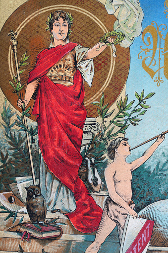Vintage illustration, Athena, Ancient Greek goddess of knowledge, wisdom, crafts, civilization, and justice. German 19th Century art