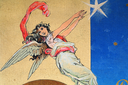 Vintage illustration, Angel reaching for a star in the night sky. German 19th Century art