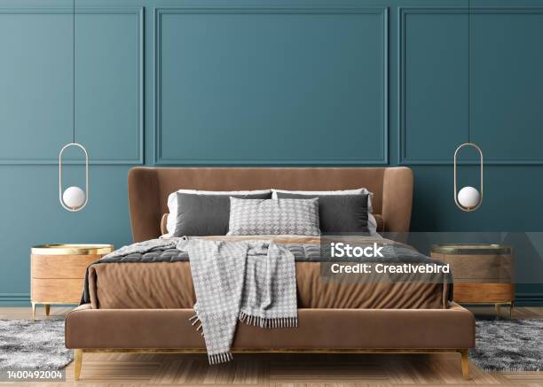 Empty Blue Wall In Modern And Cozy Bedroom Mock Up Interior In Contemporary Style Free Space Copy Space For Your Picture Text Or Another Design Bed Lamps 3d Rendering Stock Photo - Download Image Now