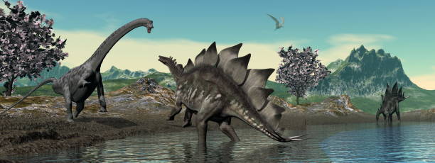 istock Dinosaur scenery with brachiosaurus and stegosaurus - 3D render 1400492103
