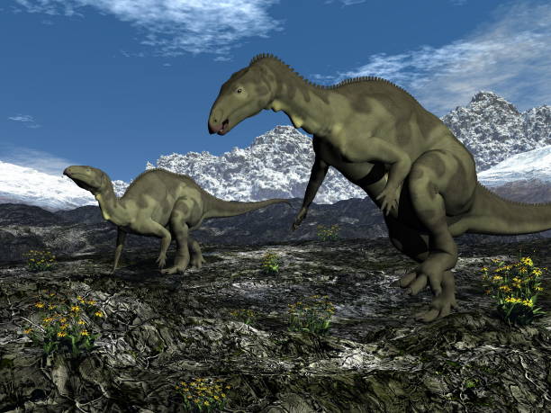 함께 걷는 두 개의 캄포사우루스 공룡 - 3d 렌더링 - paleobiology 뉴스 사진 이미지