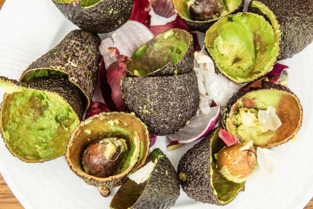 istock Avocado and onion leftovers on a plate after making a delicious guacamole.. 1400493027